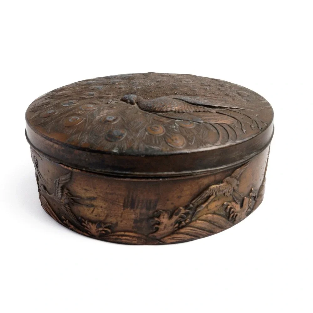 Art Nouveau Style Peacock Trinket Box For Jewelry Keepsakes Copper Covered Metal
